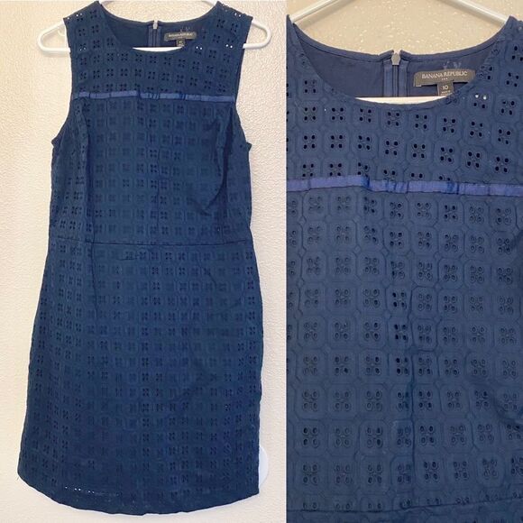 Banana Republic Sleeveless Eyelet Shift Dress Navy blue- Size 10 - Picture 2 of 13